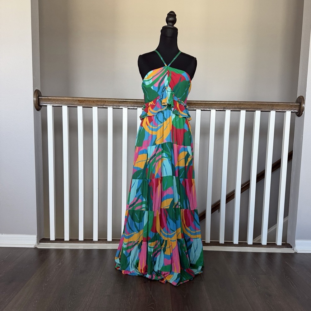 Hutch NWT Tiered Ruffle Halter Maxi Dress Medium Tropical Resort Wedding Boho